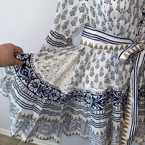 Pep's Cannes Printed Blue Flutter Mini Dress Tunic Belted Cotton Size Small - Picture 6 of 7